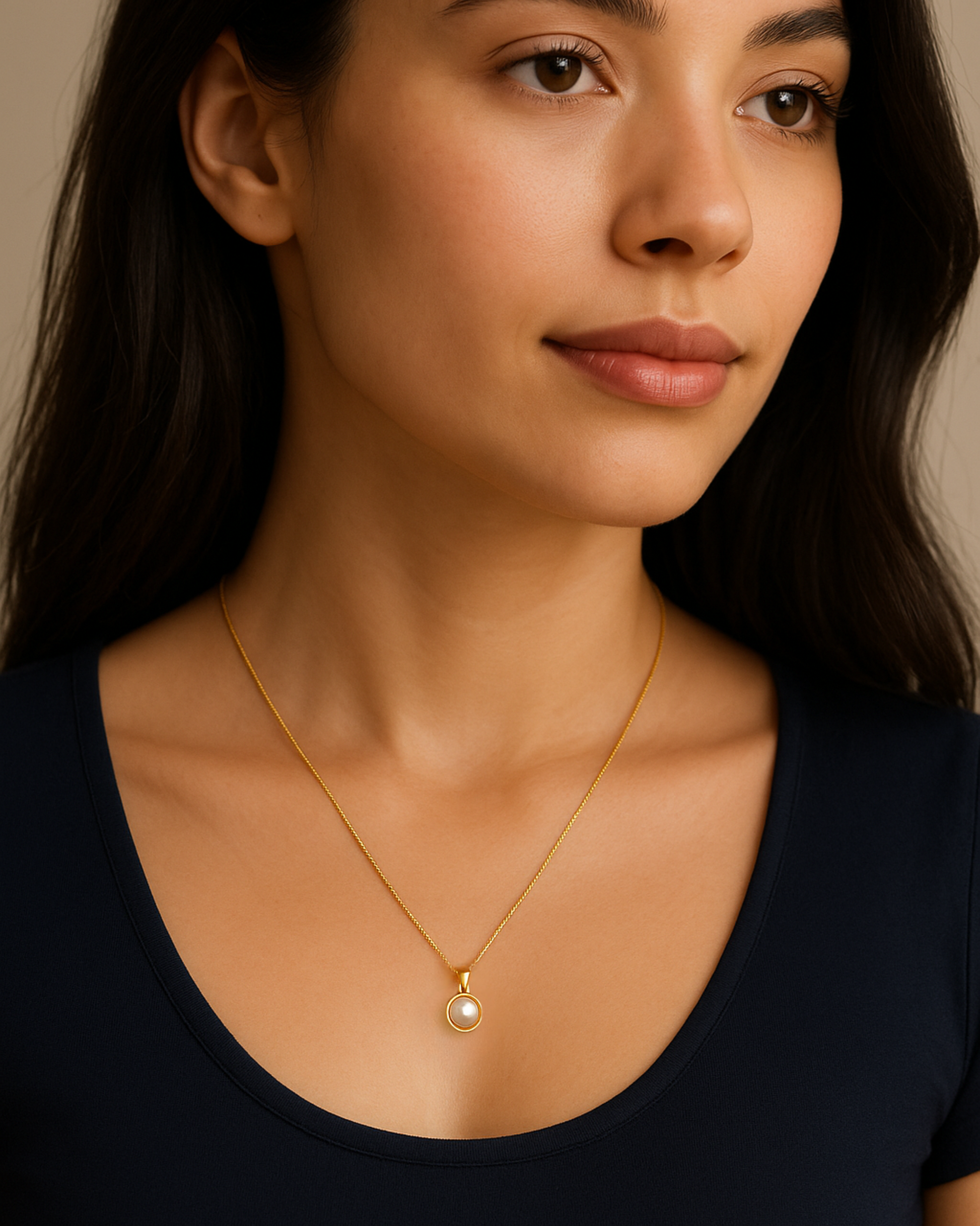 Tragefoto von einer Goldkette mit Perlen Anhänger - minimalistisches Design