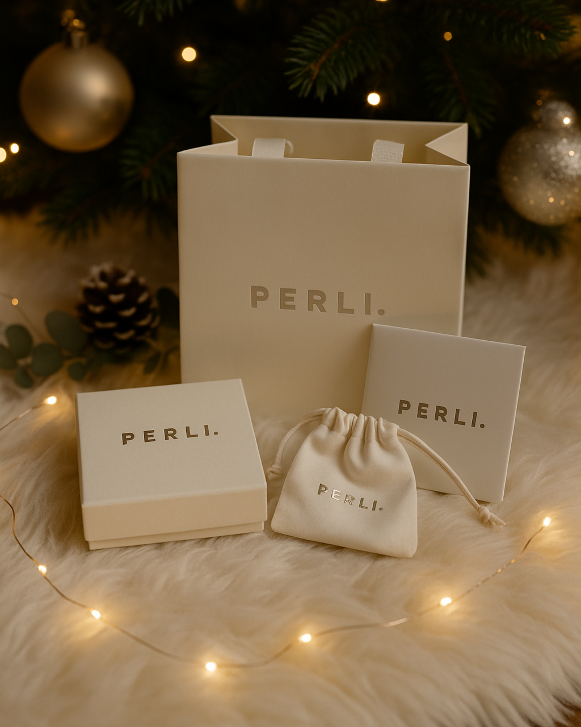 PERLI. Gerschenkbox_Schmuck mit Perlen_unter dem Weihnachtsbaum