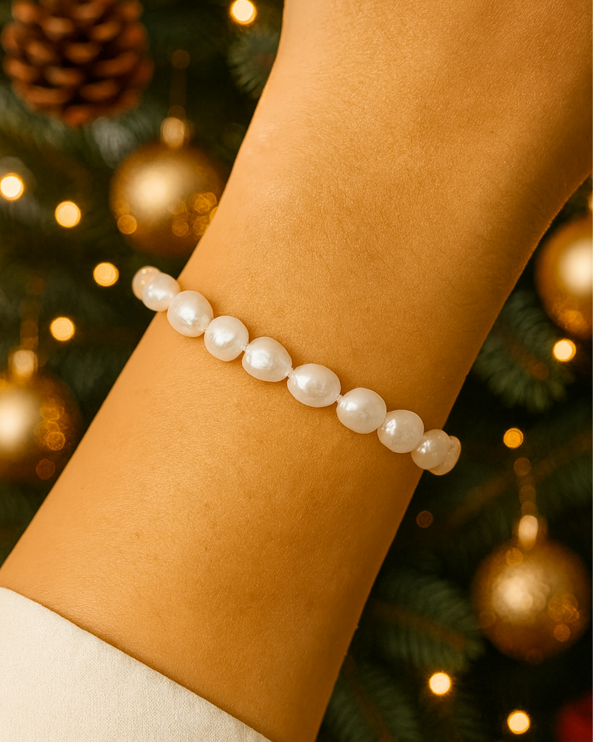 Tragebild von einem Perlenarmband mit umlaufenden Perlen, Sterling Silber Verschluss von PERLI.