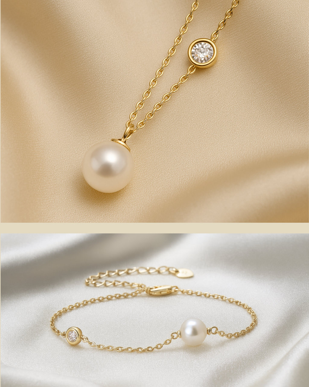 Schmuckset bestehend aus einer vergoldeten Kette und eines Armbandes aus Silber mit Perlen und Zirkonia Steinen – minimalistisches Design