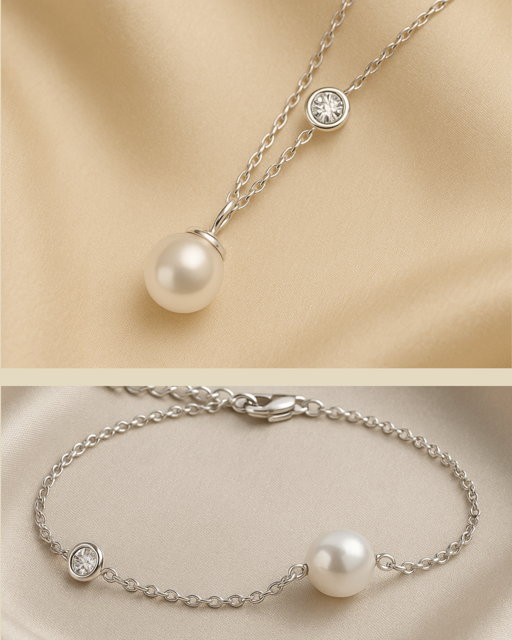 schmuckset bestehend aus einer vergoldeten Kette und eines Armbandes aus Silber mit Perlen und Zirkonia Steinen – minimalistisches Design