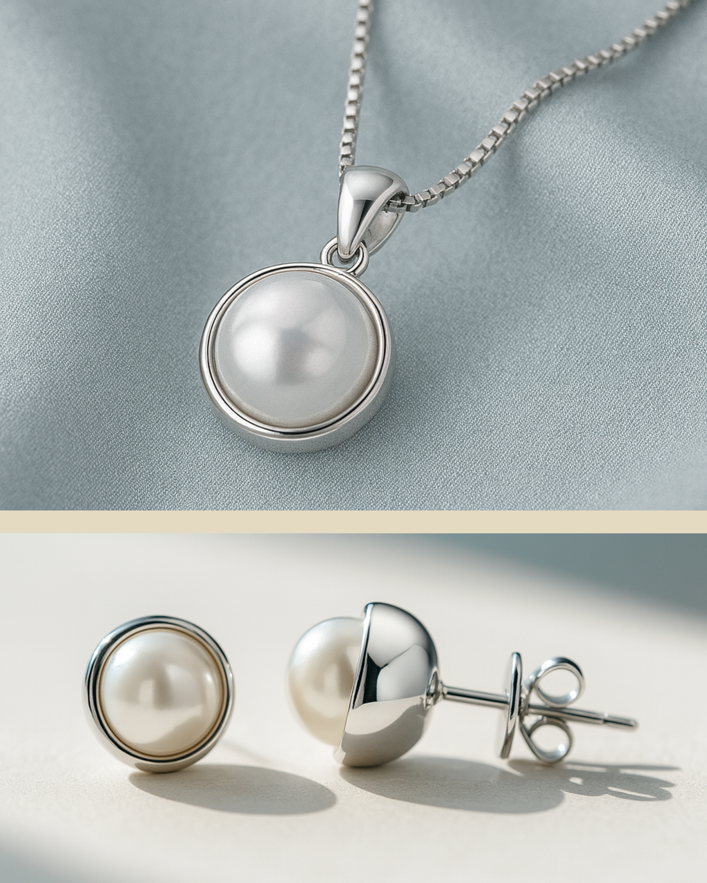 Schmuckset bestehend aus einer vergoldeten Kette aus Silber mit Perle und Perlensteckern – minimalistisches Design
