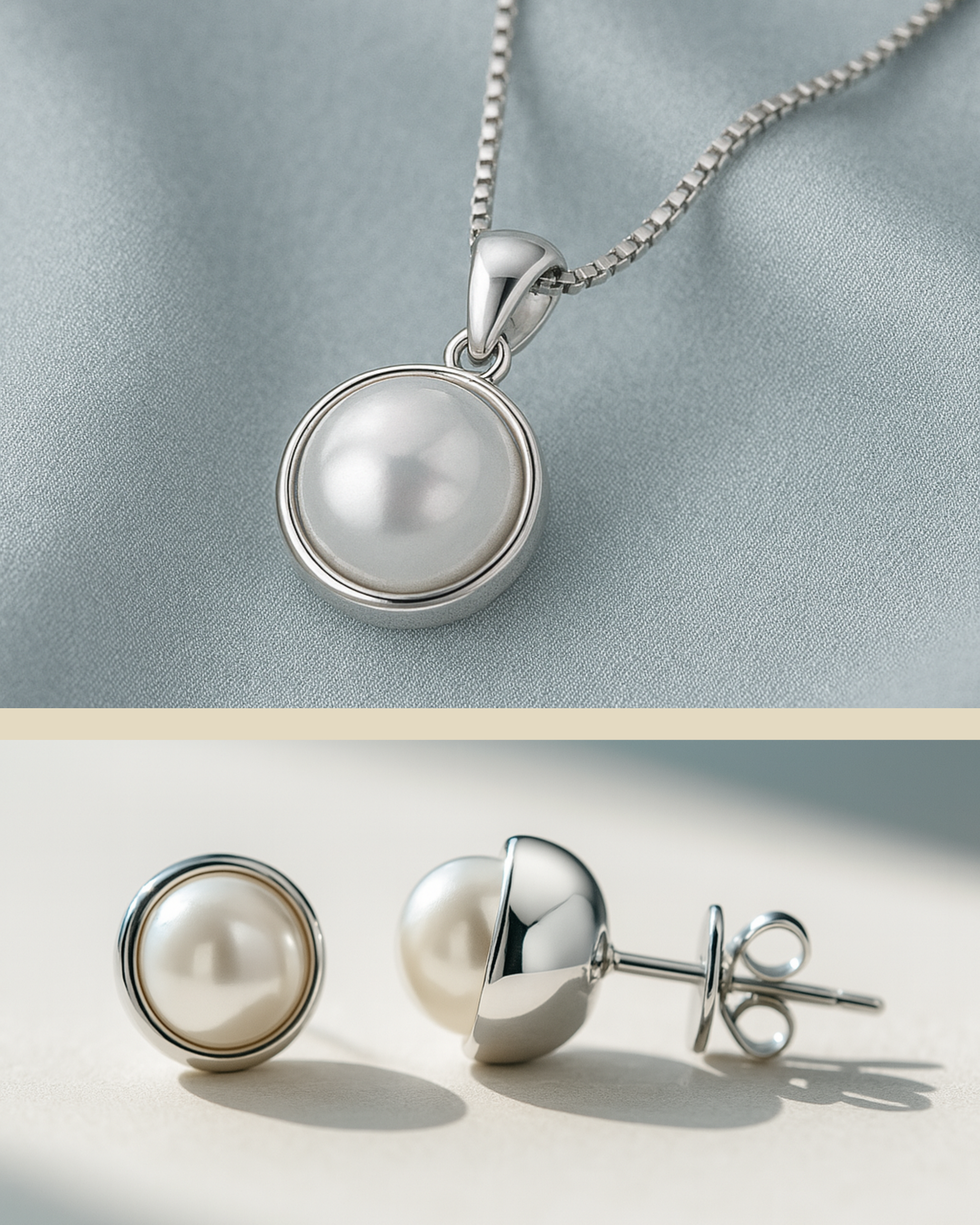 Schmuckset bestehend aus einer vergoldeten Kette aus Silber mit Perle und Perlensteckern – minimalistisches Design