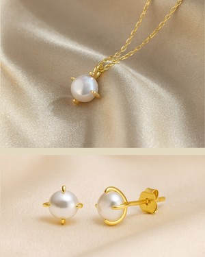 Schmuckset bestehend aus einer vergoldeten Kette und Steckern aus Silber mit Perle – minimalistisches Design