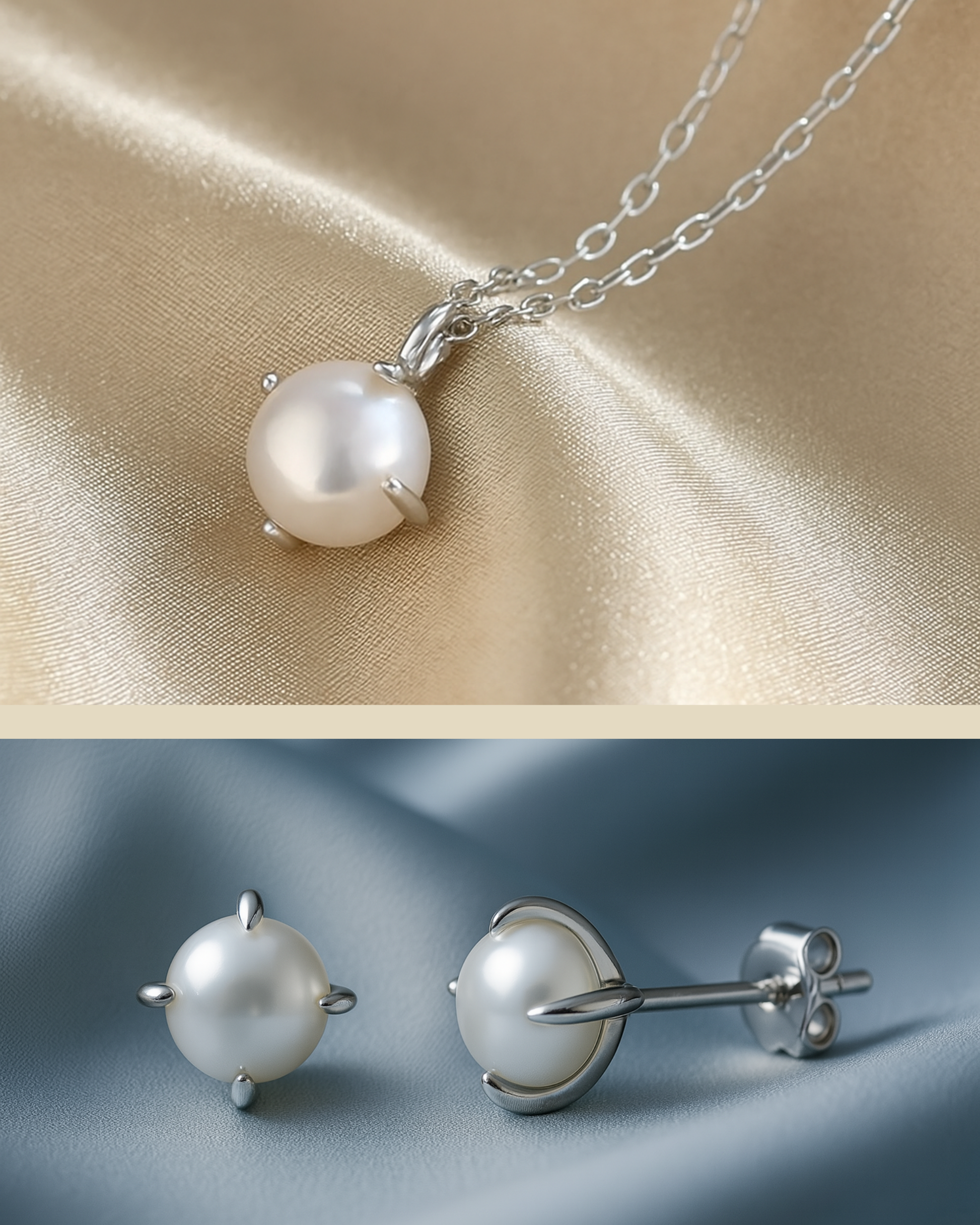 Schmuckset bestehend aus Perlensteckern und Perlenkette aus Sterling Silber - minimalistisches Design